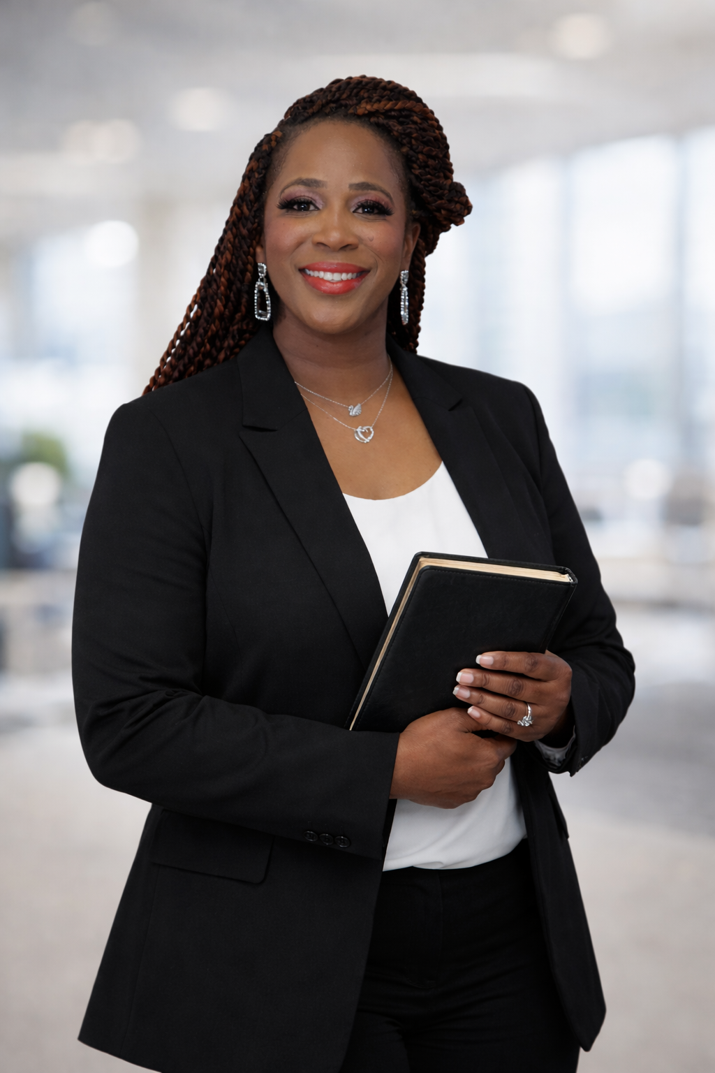 Prophetess Shamika Rich in a black blazer holding her Bible