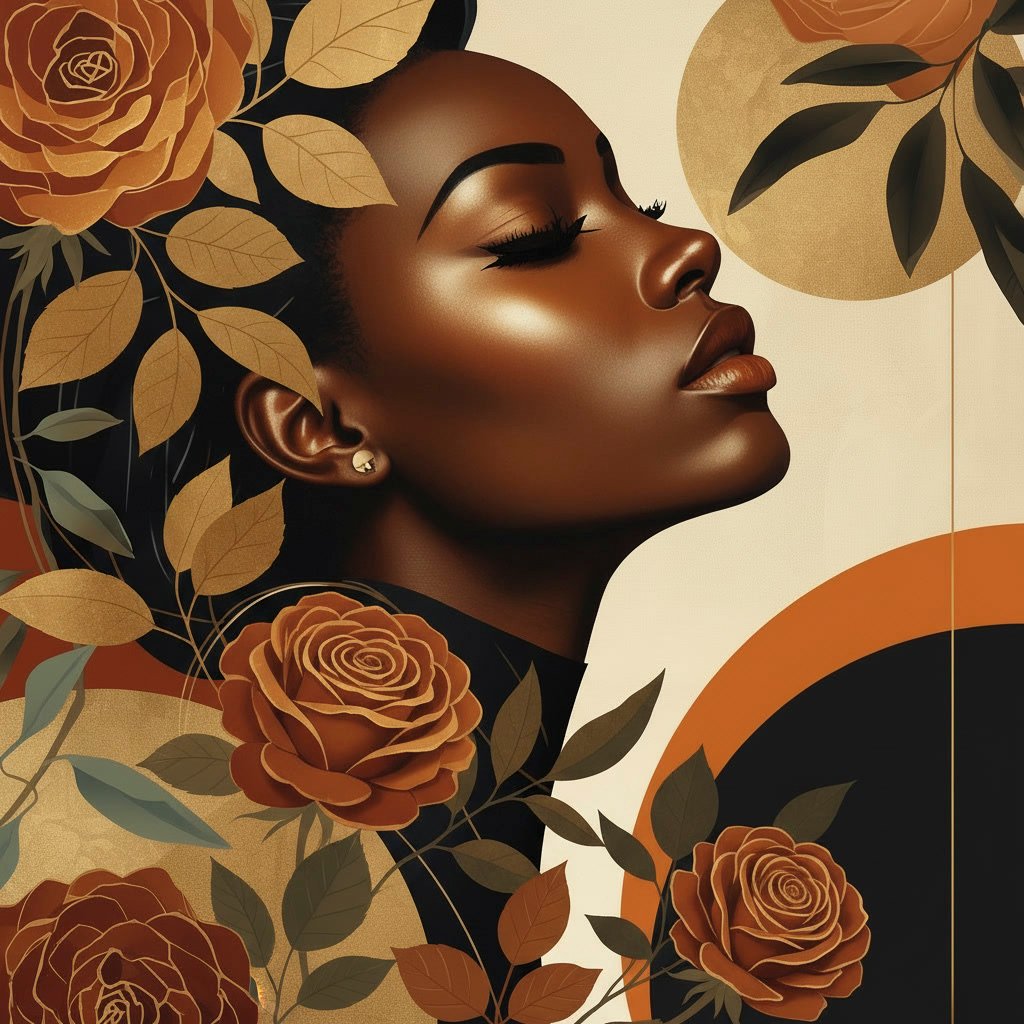 A woman adorned with autumn roses