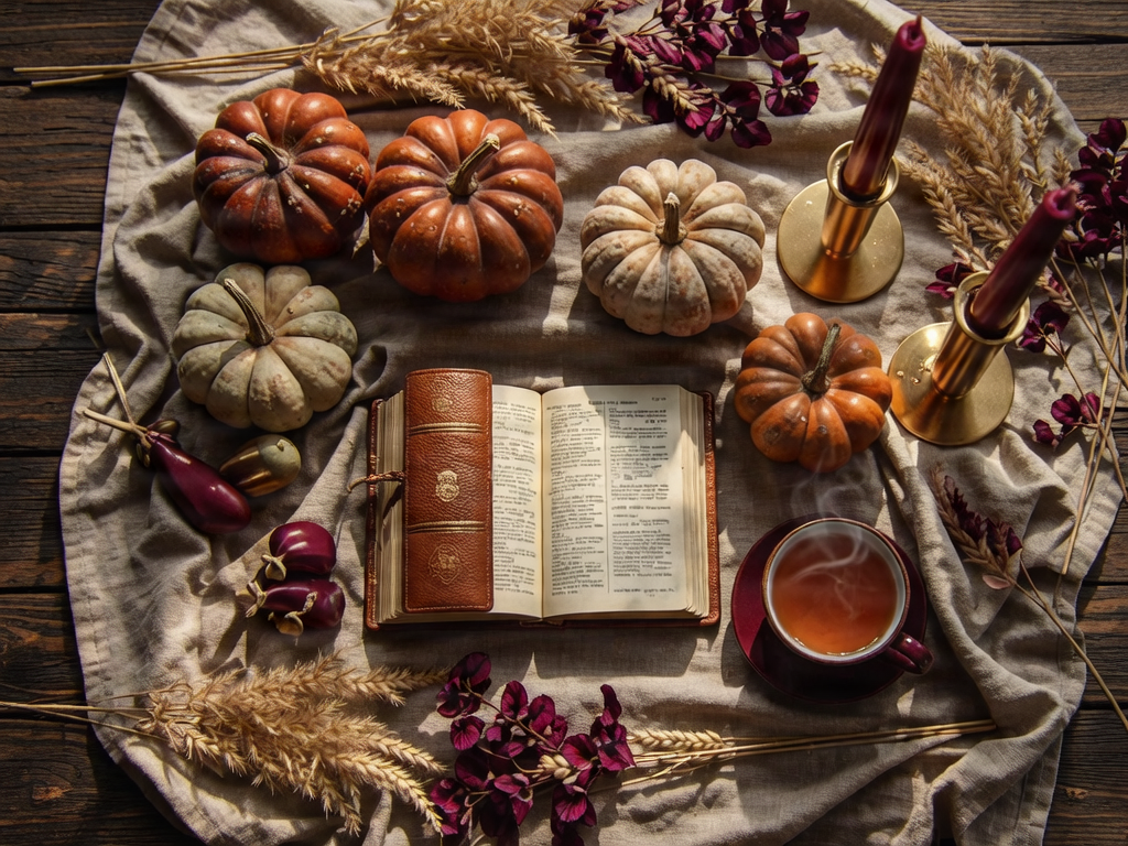 Autumn harvest table setting with Bible and gold candlesticks
